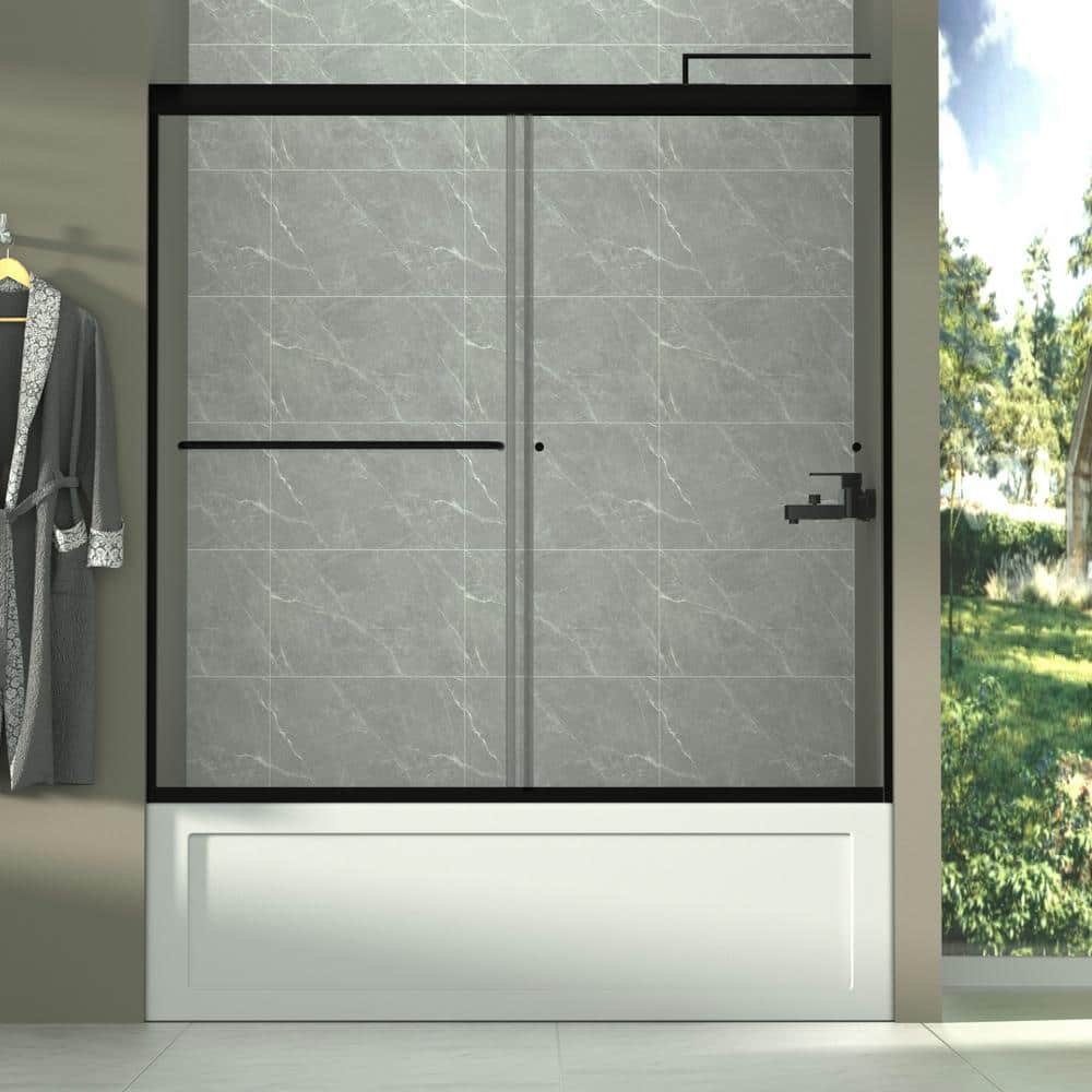 Matte Black Semi-Frameless Sliding Bathtub Door with Clear Glass