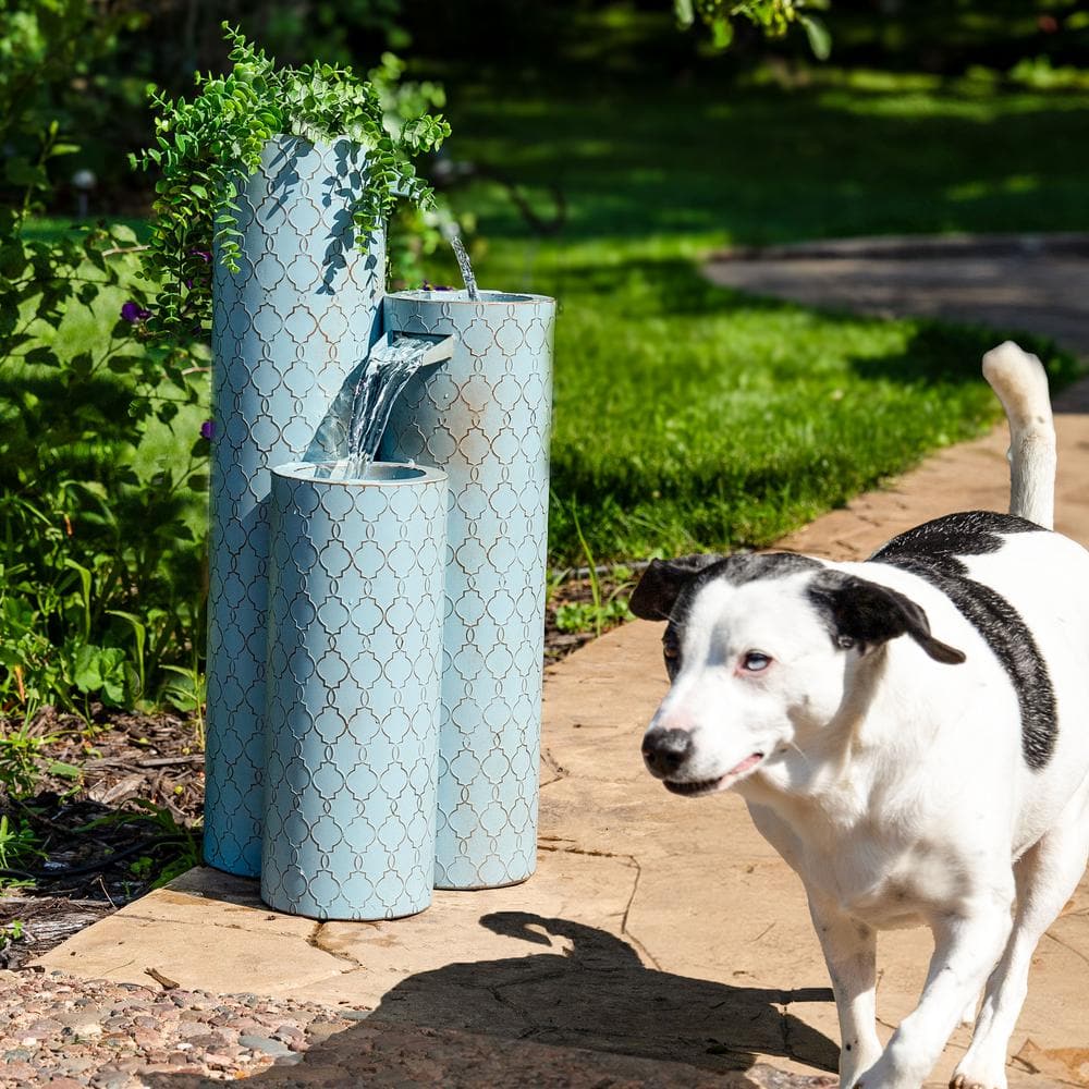 Moroccan Trellis Blue Zinc 3-Column Outdoor Water Fountain