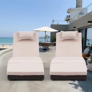 Brown Wicker Folding Outdoor Chaise Lounge Recliner with Beige Cushions, 5 Adjustable Back Positions (2-Pack)
