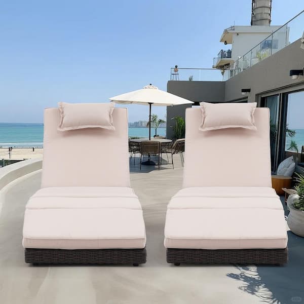 Yangming Brown Wicker Folding Outdoor Chaise Lounge Recliner with Beige Cushions, 5 Adjustable Back Positions (2-Pack)