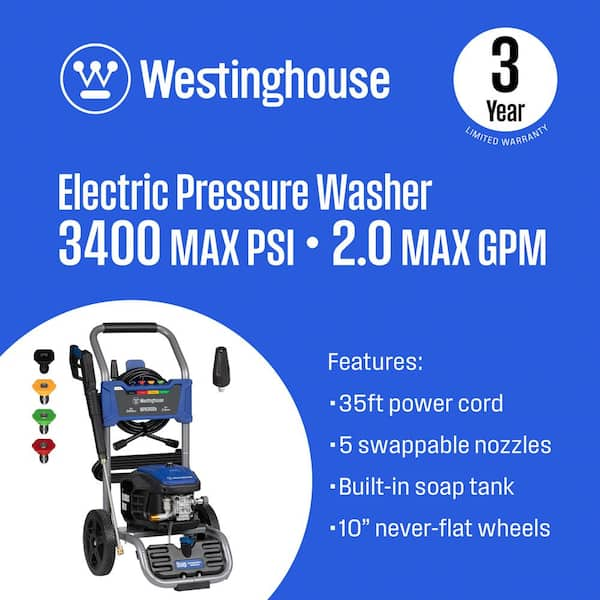 3400 PSI 2 GPM 13 Amp Electric Powered Pressure Washer with Brushless Motor, Turbo Nozzle and 5 Quick Connect Tips