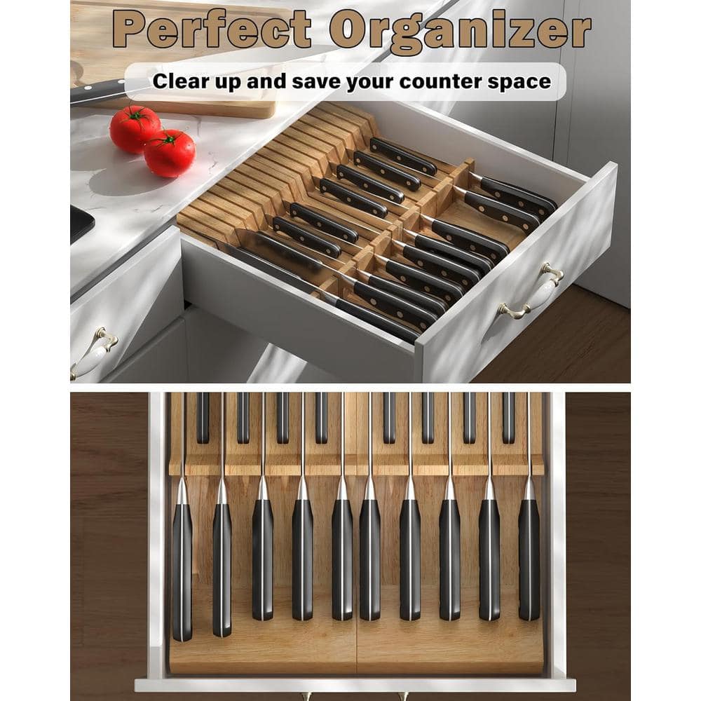 Natural Rubber Wood 18-Slot In-Drawer Knife Block Organizer