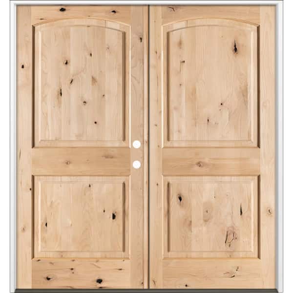 60 in. x 80 in. Rustic Knotty Alder 2-Panel Arch-Top Active Left Double Unfinished Wood Prehung Front Door
