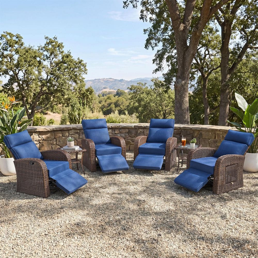 Amara 6-Piece Brown Wicker Outdoor Adjustable Swivel Recliner Chairs  with 5-Inch Thick Blue Cushions and Side Table price history on PriceWatchPro