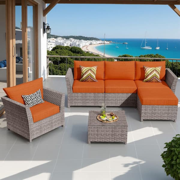 Auris Gray 6-Piece Wicker Outdoor Patio Conversation Seating Set with Orange Red Cushions and Coffee Table for Backyard