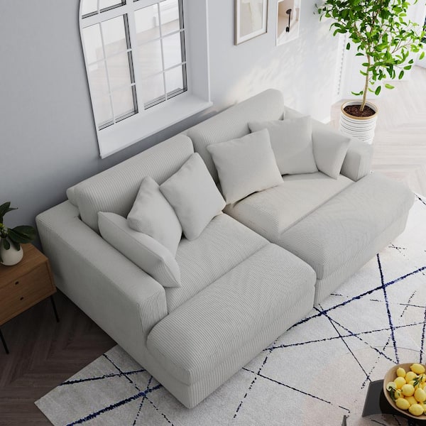 Uixe 83.9 in. W Modern Square Arm Corduroy Upholstered Sectional Sofa in. Sea Salt Gray With 4-Square Pillows