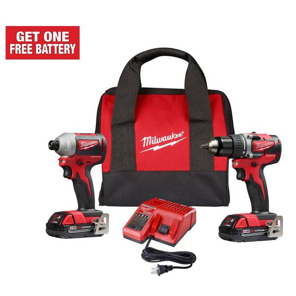 Milwaukee M18 18V Lithium-Ion Brushless Cordless Compact Drill/Impact Combo Kit (2-Tool) W/ (2) 2.0Ah Batteries, Charger & Bag