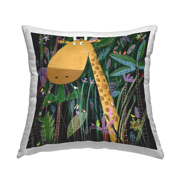 Stupell Industries Giraffe and Birds In Jungle Nature Green Square Outdoor Throw Pillow