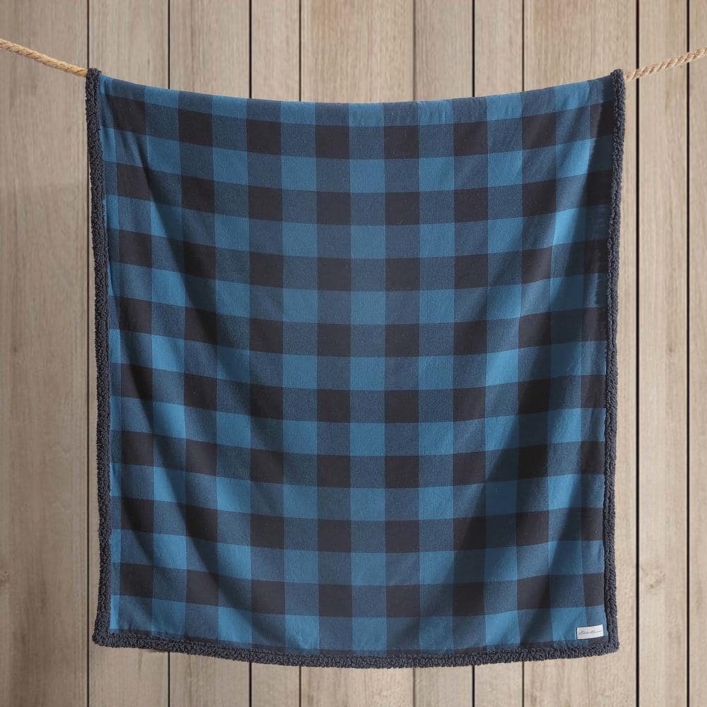 Blue and Black Reversible Sherpa Fleece Throw Blanket