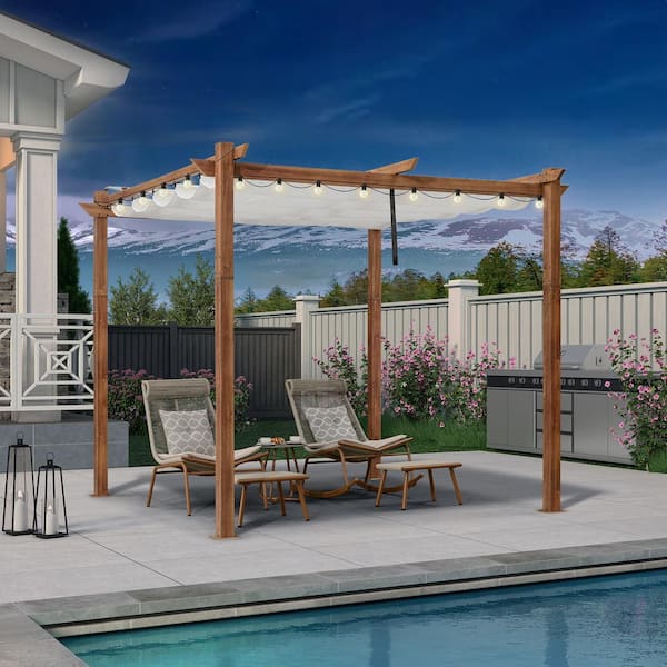 PURPLE LEAF 10 ft. x 10 ft. Natural Wood Grain Pergola with White Retractable Sun Shade Canopy Extra Roof and String Lights