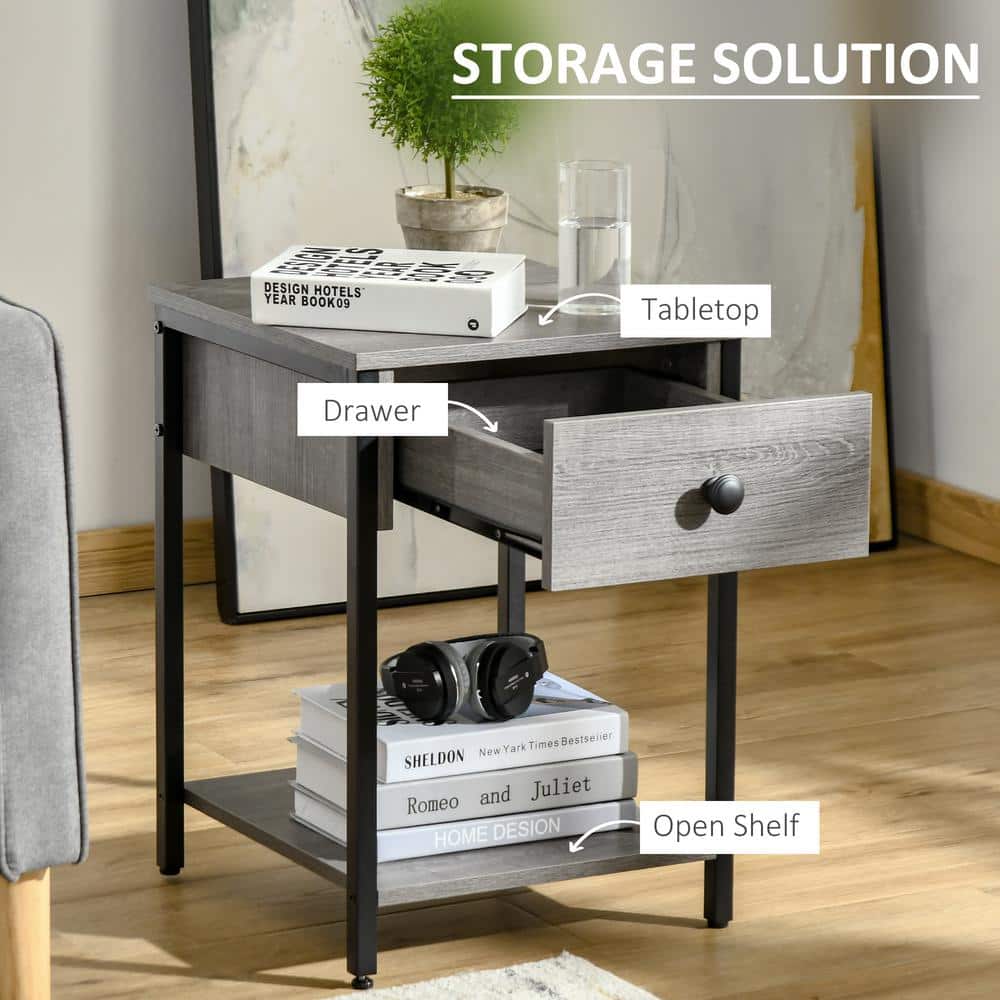 Gray Wood and Black Steel Square End Table with Storage