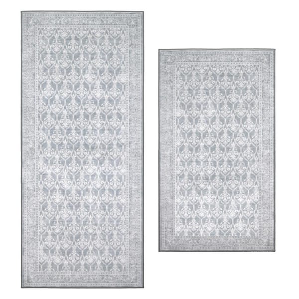Eden 2 ft. X 5 ft. Gray Trellis Machine Washable Rug Set