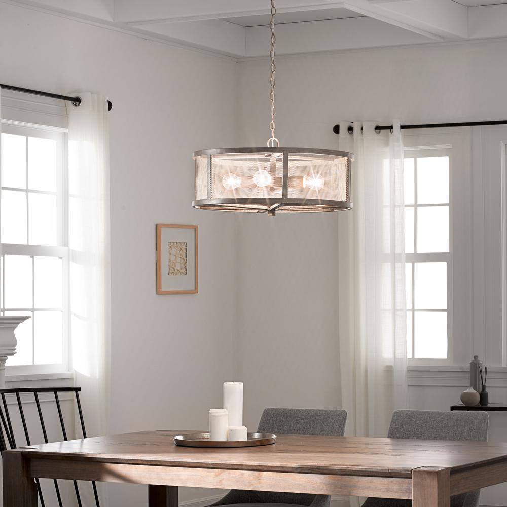 Rustic Farmhouse Woodgrain Metal Drum Chandelier with Mesh Sides