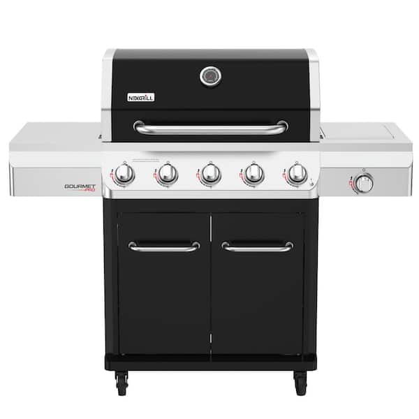 Gourmet Pro 5-Burner Propane Gas Grill with Side Burner and Griddle Max Insert in Black