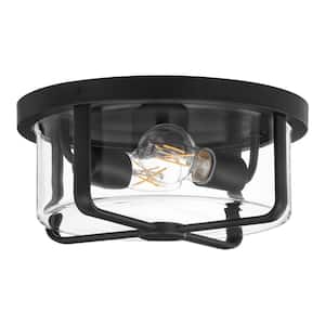 Greta 12 in. 2-Light Matte Black Transitional Outdoor Flush Mount Ceiling Light with Clear Glass Shade