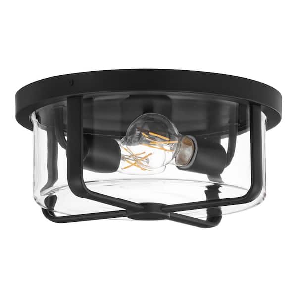 Hampton Bay Greta 12 in. 2-Light Matte Black Transitional Outdoor Flush Mount Ceiling Light with Clear Glass Shade