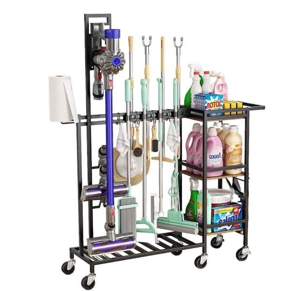 39.37 in. Mobile Cleaning Cart with Wheels Broom Mop Holder and Vacuum Stand for Home Cleaning Organization (1-Pack)