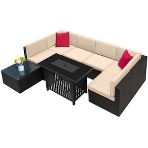 8-Piece Patio Conversation Set with 50,000 BTU Propane Fire Pit Table, Wicker Sectional Set with Light Beige Cushions