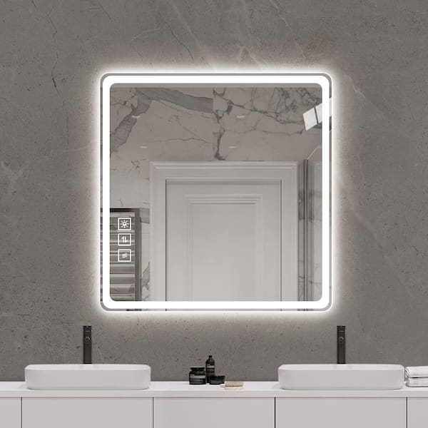 grossag 36 in. W x 36 in. H Rectangular Frameless Dimmable LED Anti-Fog Wall Mounted Bathroom Vanity Mirror in Silver
