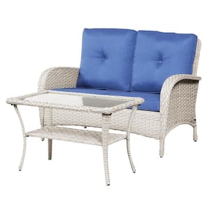 2-Piece Gray Wicker Outdoor Loveseat Set Patio Rattan Loveseat with Blue Cushions and Coffee Table
