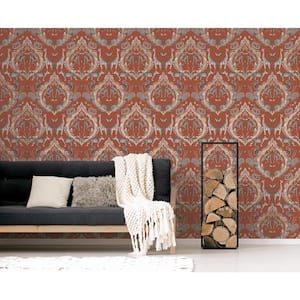 Bazaar Collection Red Rust/Black/White Animal Menagerie Damask Non-Woven Non-Pasted Wallpaper Roll (Covers 57 sq.ft.)