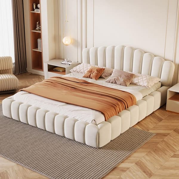 Honey Beige Wood Frame Upholstered Queen Size Floor Platform Bed with Shell-Shaped Headboard