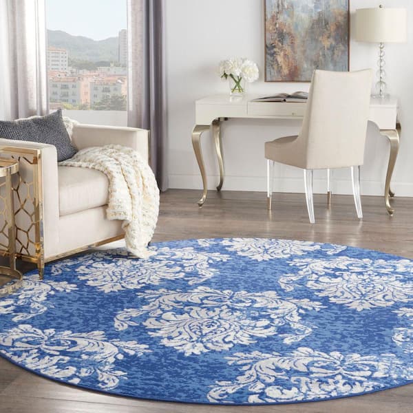 Whimsicle Navy Ivory 8 ft. x 8 ft. Floral Farmhouse Round Area Rug