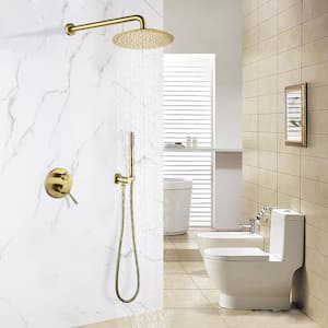 2-Spray Patterns with 10 in. Tub Wall Mount Dual Shower Heads in Brushed Gold
