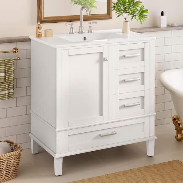 30 in. Single Sink Freestanding White Bath Vanity with White Ceramic Top, 3-Soft-Closing Drawers, Door Racks