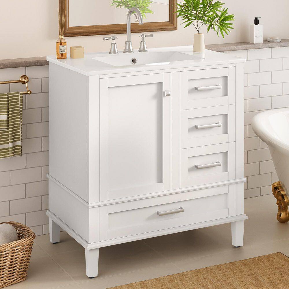 30 in. Single Sink Freestanding White Bath Vanity with White Ceramic Top, 3-Soft-Closing Drawers, Door Racks price history on PriceWatchPro