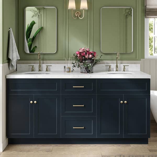 ARIEL Hamlet 72.25 in. W x 22 in. D x 36 in. H Double Oval Sink Bath Vanity in Midnight Blue with Carrara Quartz Top