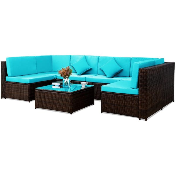 FORCLOVER 7-Piece Brown Wicker Outdoor Sectional Sofa Set with Blue Cushions
