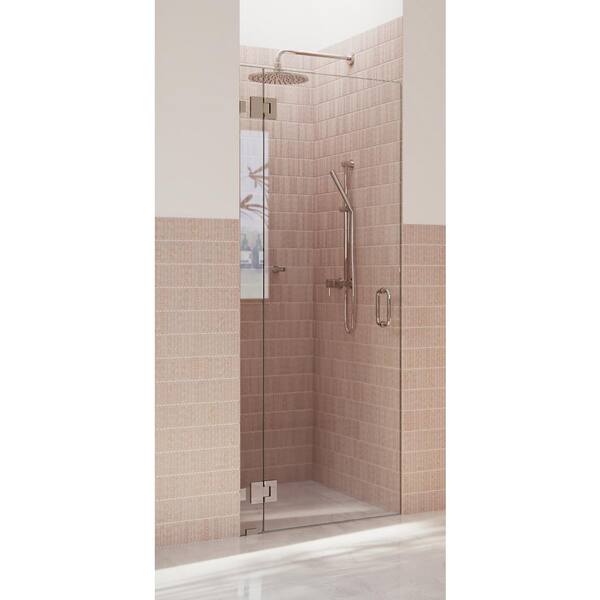 Glass Warehouse Halo 30.25 in. W x 78 in. H Glass Hinged Frameless Shower Door in Polished Nickel with Clear Glass