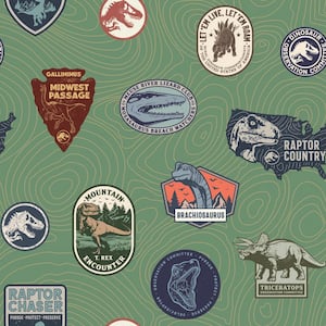 Jurassic World Badges Multicolor Vinyl Peel and Stick Matte Wallpaper 28.18 sq. ft.