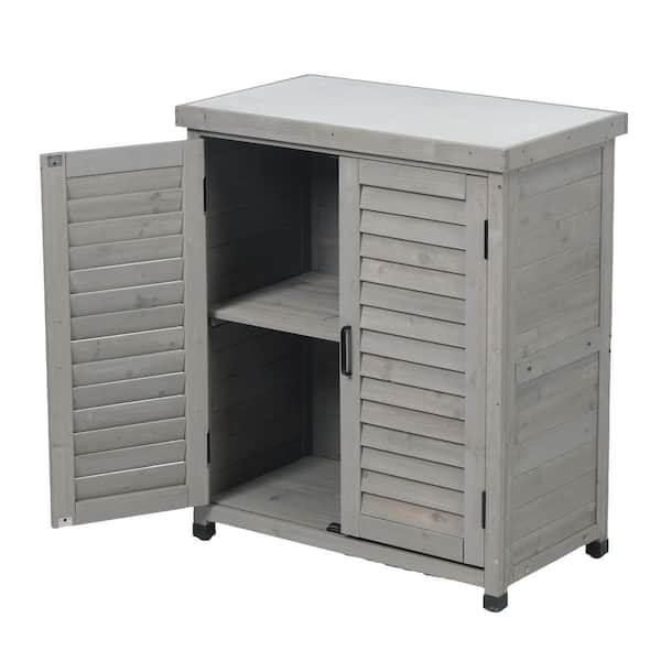 31.5 in. W Gray Wood Outdoor Side Table Patio Potting Bench Storage Cabinet Workstation W/ Door and Metal Table Top