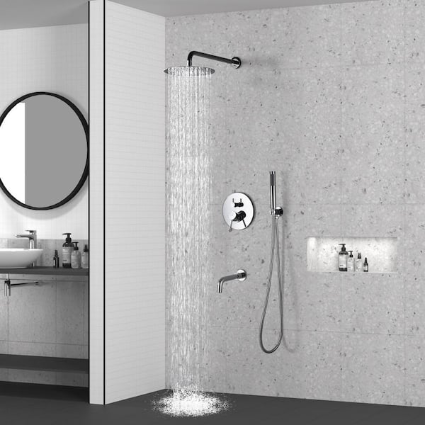 1-Spray Patterns Round 10 in. Wall Mount Dual Shower Heads with Handheld and Tub Faucet in Chrome
