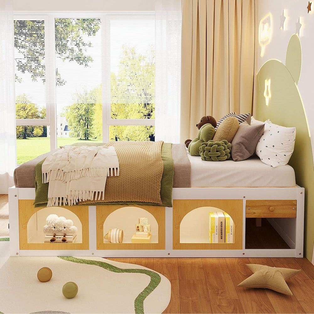 White and Natural Wood Frame Queen Size Platform Bed with Drawer, Cabinets, LED Light and Bookshelf price history on PriceWatchPro
