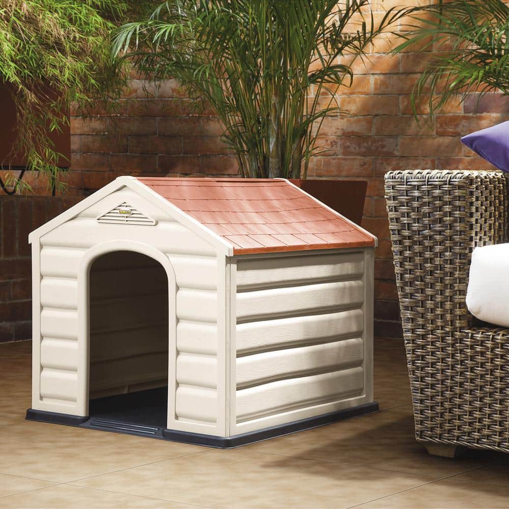 Small Taupe and Black Plastic Dog House with Red Roof