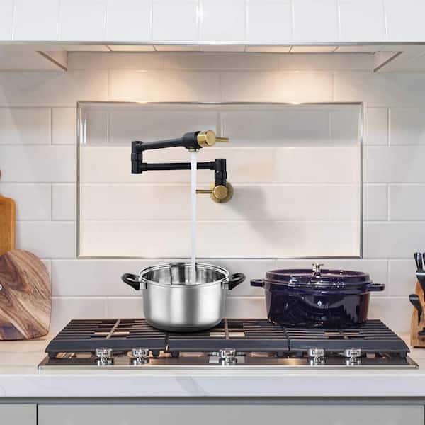 Brass Wall Mounted Pot Filler with Double Handle Folding Kitchen Sink Faucet in Black and Gold