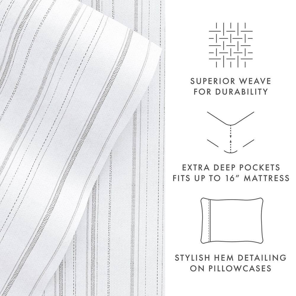 Gray and White Striped Cotton Flannel Queen Sheet Set