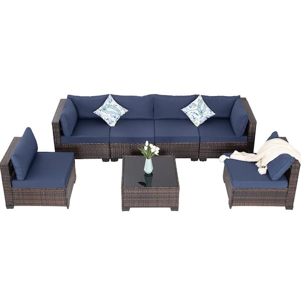 7-Piece Brown Wicker Outdoor Patio Furniture Conversation Set Sectional Sofa Furniture Set with Blue Cushions