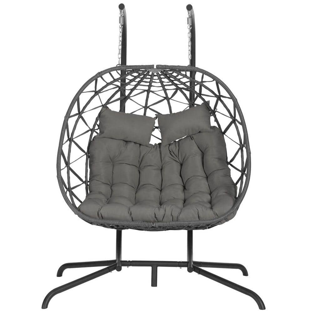 50.78 in. W 2-Persons Black Iron and Wicker Patio Swing Egg Chair with Stand Hanging with Dark Grey Cushion