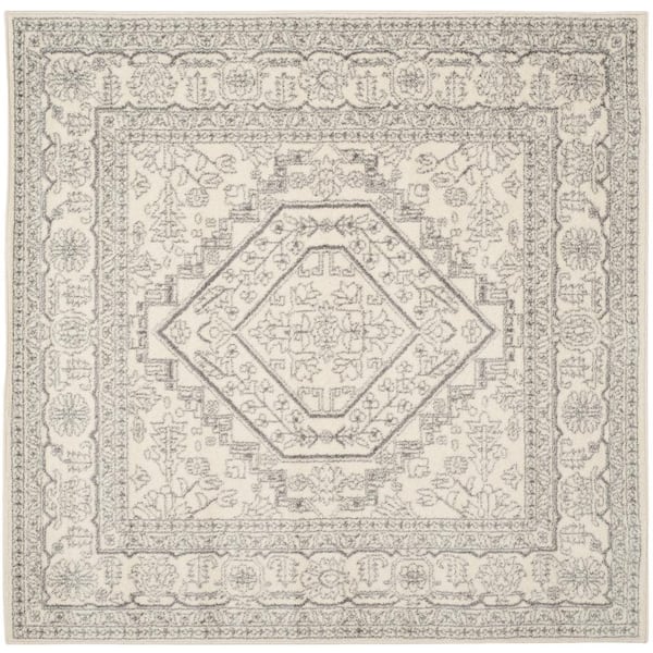 Adirondack Ivory/Silver 6 ft. x 6 ft. Border Medallion Square Area Rug