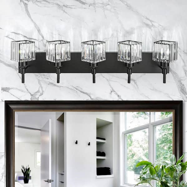 Schonbek 33.1 in. 5-Light Black Dimmable Bathroom Vanity Light with Crystal Shades