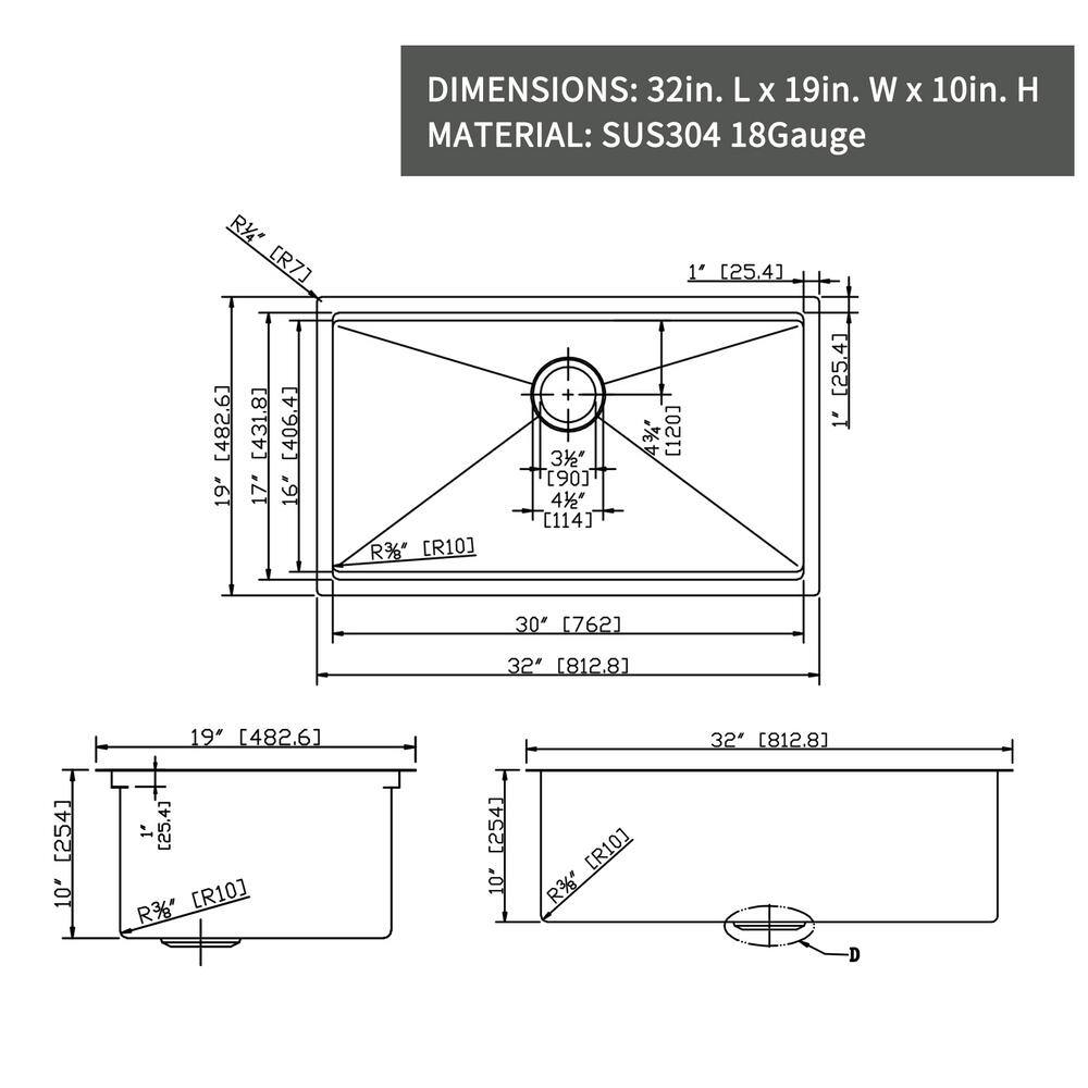 32'' Matte Black Undermount Single Bowl Stainless Steel Kitchen Sink with Accessories