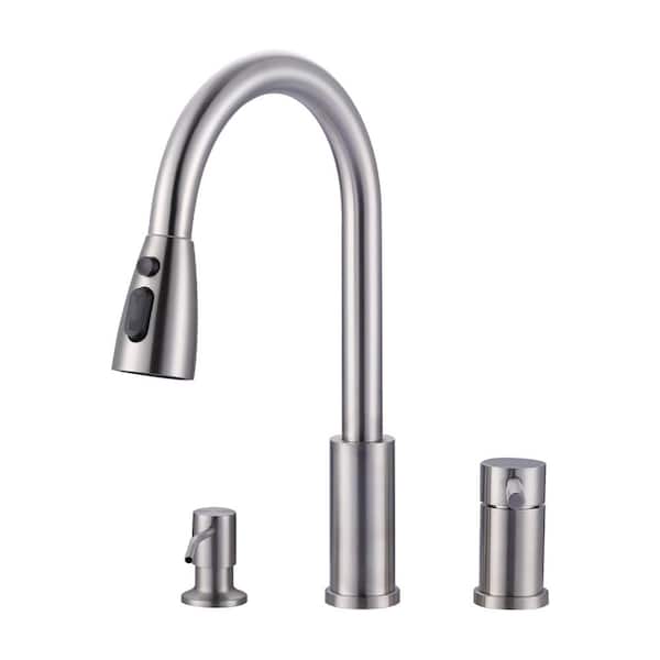 Brass Single Handle Pull Down Sprayer Kitchen Faucet with Soap Dispenser in Brushed Nickel