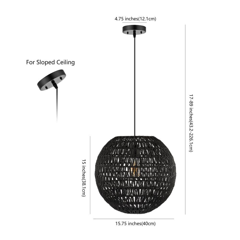 Luna 15.75" Bohemian Modern Black Woven Rattan/Iron LED Pendant