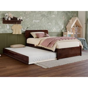 Capri Walnut Brown Solid Wood Frame Twin Platform Bed with Panel Footboard and Twin Trundle