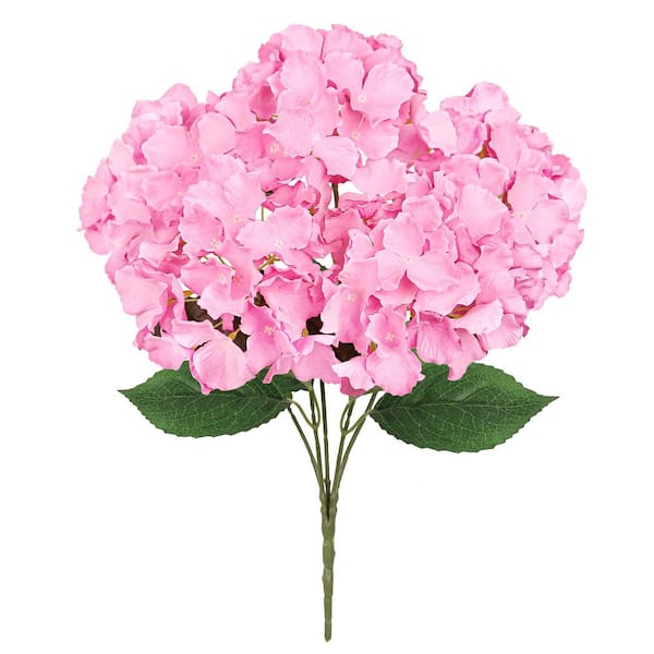 19 in. Pink Artificial Hydrangea Flower Stem Bush Bouquet (Set-2)
