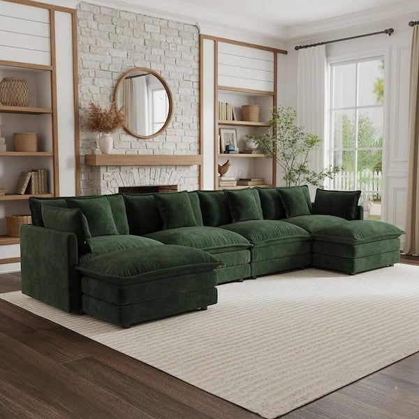 HEAT 146.5 in. Track Arm 6-Piece Chenille Sectional Sofa with 2 Reversible Ottomans and Chaise in Pine Green